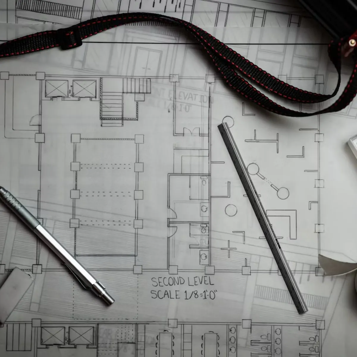 Architectural floor plans, scale ruler and drafting pencils